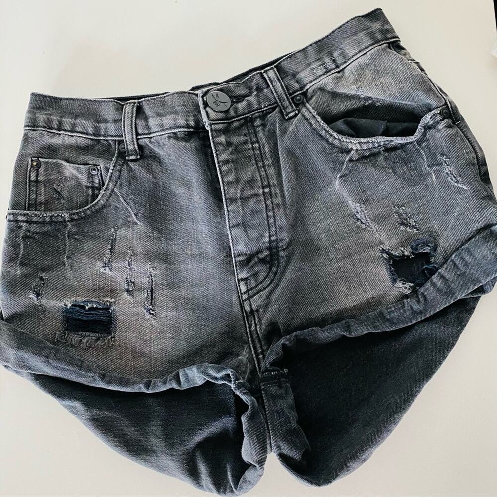 ONE TEASPOON Mid Rise Bandits Distressed Black Wash Roll Denim Cutoffs Short 25